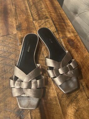Saint Laurent Bronze Metallic Leather Woven Slide Mules - Women